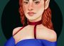 This digital portrait depicts a person with feminine features. They have long wavy hair, long lashes, and are wearing a fitted dress.