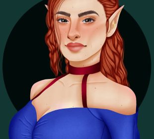 This digital portrait depicts a person with feminine features. They have long wavy hair, long lashes, and are wearing a fitted dress.