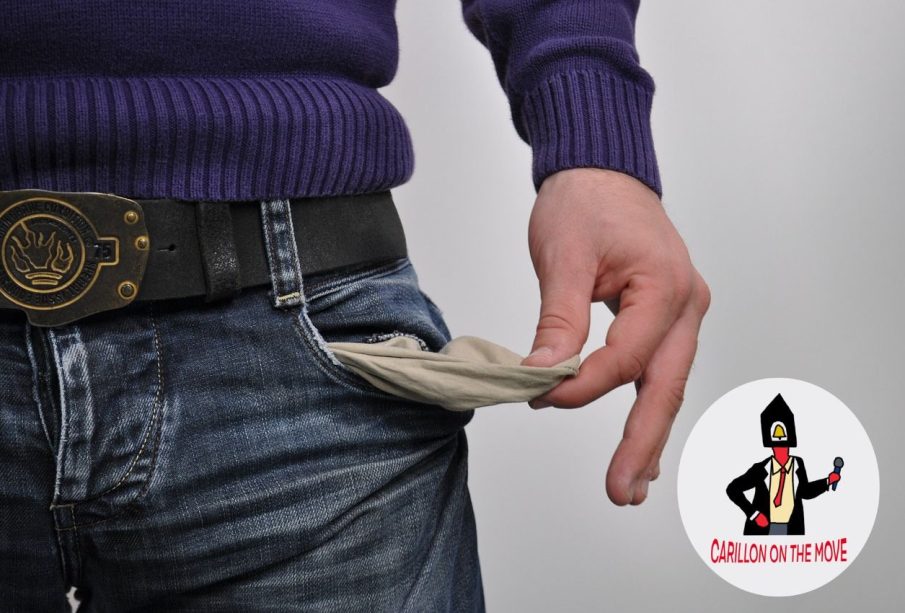 A person wearing a purple sweater and jeans has reached their left hand into the left pants pocket, pulling it out to show viewers they have nothing in their pocket. The “Carillon on the move” article series logo is included in the bottom-right corner.