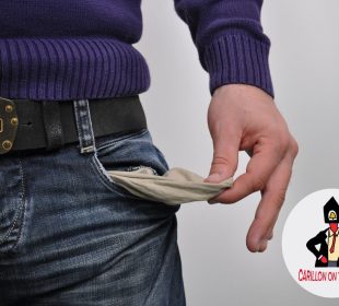 A person wearing a purple sweater and jeans has reached their left hand into the left pants pocket, pulling it out to show viewers they have nothing in their pocket. The “Carillon on the move” article series logo is included in the bottom-right corner.