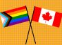 A sketch of the flag of Canada and the pride flag, overlapping each other at the masts