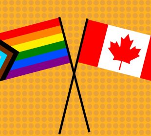 A sketch of the flag of Canada and the pride flag, overlapping each other at the masts