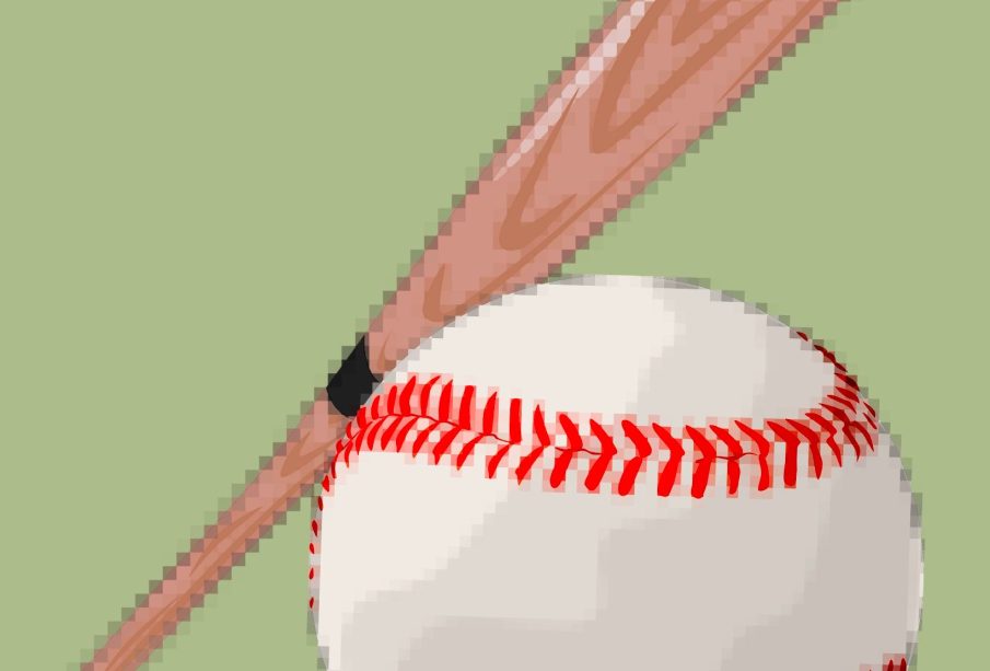 A pixelated image of a baseball and baseball bat.