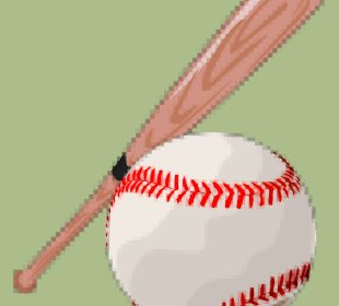 A pixelated image of a baseball and baseball bat.