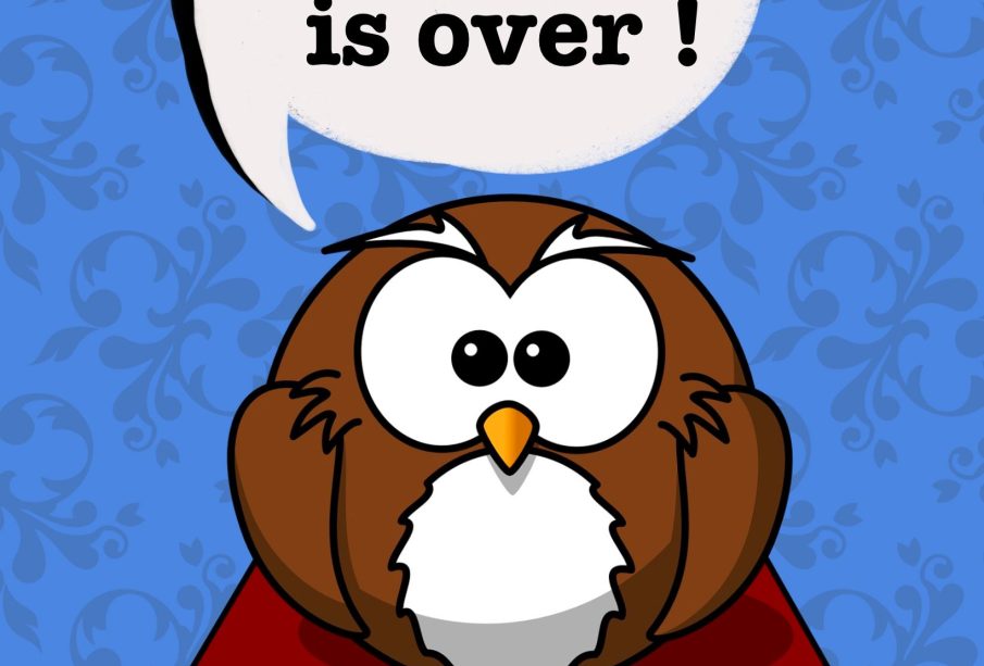 A cartoon owl sits on top of a red book set against a blue background, and is saying “COVID is over!” in a word bubble. 