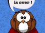 A cartoon owl sits on top of a red book set against a blue background, and is saying “COVID is over!” in a word bubble. 
