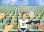 A spectator sits in a football stadium. Drinks are being served to them while someone does their nails.