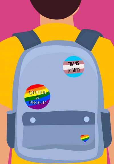A person in a yellow shirt stands against a pink background. They’re wearing a grey backpack with three pins: one rainbow-striped heart, one rainbow-striped circle with the words “QUEER & PROUD,” and a circle with the colours of the trans flag that says “TRANS RIGHTS.”