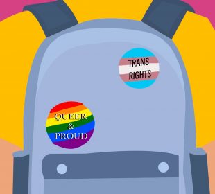 A person in a yellow shirt stands against a pink background. They’re wearing a grey backpack with three pins: one rainbow-striped heart, one rainbow-striped circle with the words “QUEER & PROUD,” and a circle with the colours of the trans flag that says “TRANS RIGHTS.”