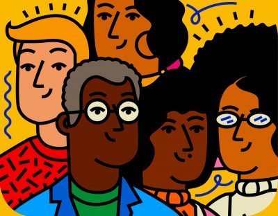 Five smiling faces, showing a mix of ages and races.