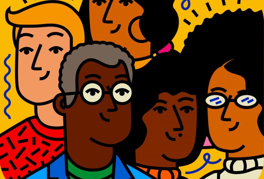 Five smiling faces, showing a mix of ages and races.