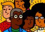 Five smiling faces, showing a mix of ages and races.