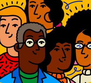 Five smiling faces, showing a mix of ages and races.