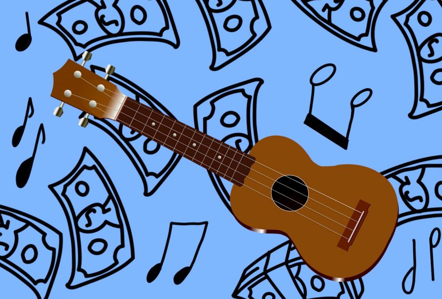 A ukulele on a blue background overlaid with hand-drawn black music notes and dollar bills.