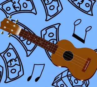 A ukulele on a blue background overlaid with hand-drawn black music notes and dollar bills.