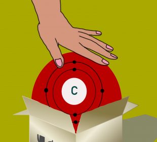 A hand comes down from the top of the image to push the element carbon into a storage box.