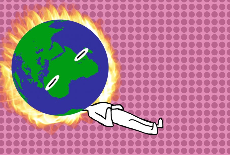 A globe on fire is what this person has for a head as they lay on the ground, resigned to their fate.