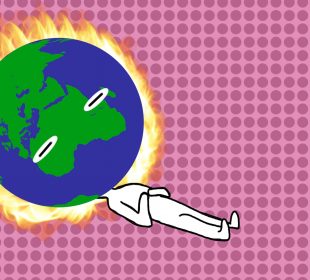 A globe on fire is what this person has for a head as they lay on the ground, resigned to their fate.