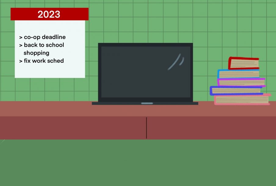 A sketch of a desk with a laptop and some books on it. A wall calendar lists some tasks.