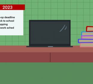 A sketch of a desk with a laptop and some books on it. A wall calendar lists some tasks.