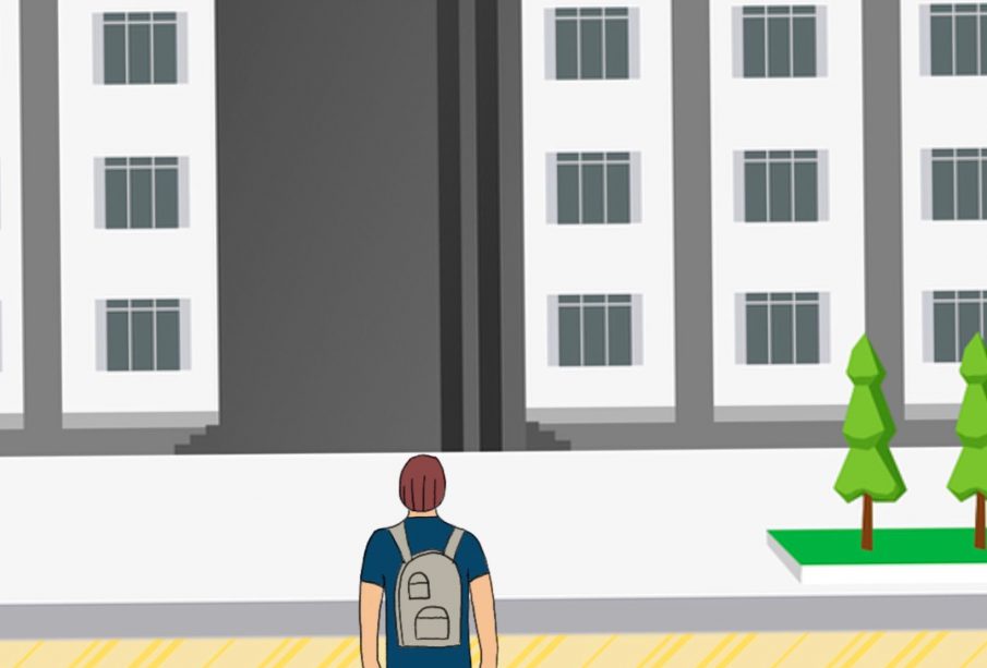 A person wearing a backpack walks across the street toward a university on a bright but slightly cloudy day.