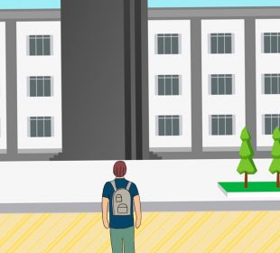 A person wearing a backpack walks across the street toward a university on a bright but slightly cloudy day.