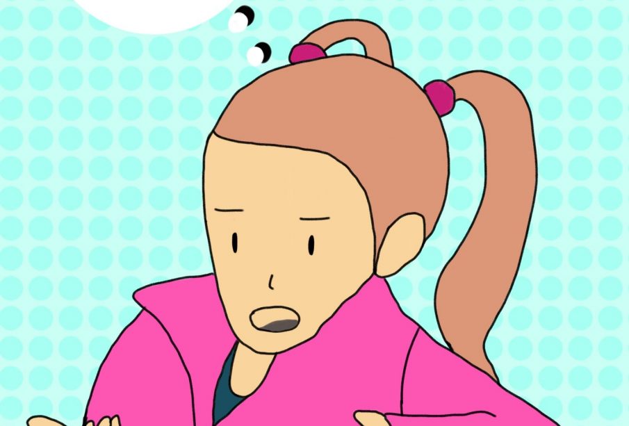 A child in a pink coat with pigtails sits at the edge of a table against a blue spotted background with a word bubble that shows them saying “what’s a ‘consent’?”