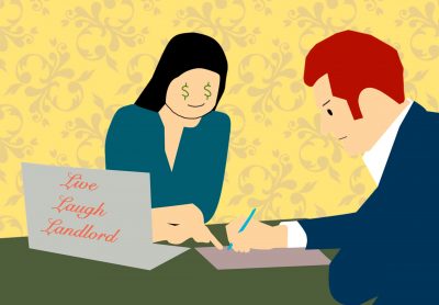 A landlord with dollar signs for eyes sits beside another individual who is signing a lease. The landlord has a laptop open in front of them with the words “Live, Laugh, Landlord” visible on the back.