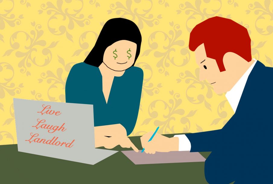 A landlord with dollar signs for eyes sits beside another individual who is signing a lease. The landlord has a laptop open in front of them with the words “Live, Laugh, Landlord” visible on the back.
