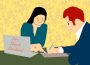 A landlord with dollar signs for eyes sits beside another individual who is signing a lease. The landlord has a laptop open in front of them with the words “Live, Laugh, Landlord” visible on the back.