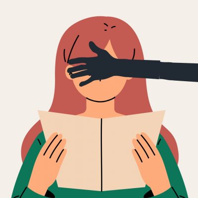 A young person with long red hair is reading a book, but a greyed-out arm is blocking their eyes from seeing the book.