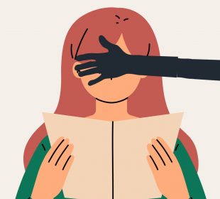 A young person with long red hair is reading a book, but a greyed-out arm is blocking their eyes from seeing the book.