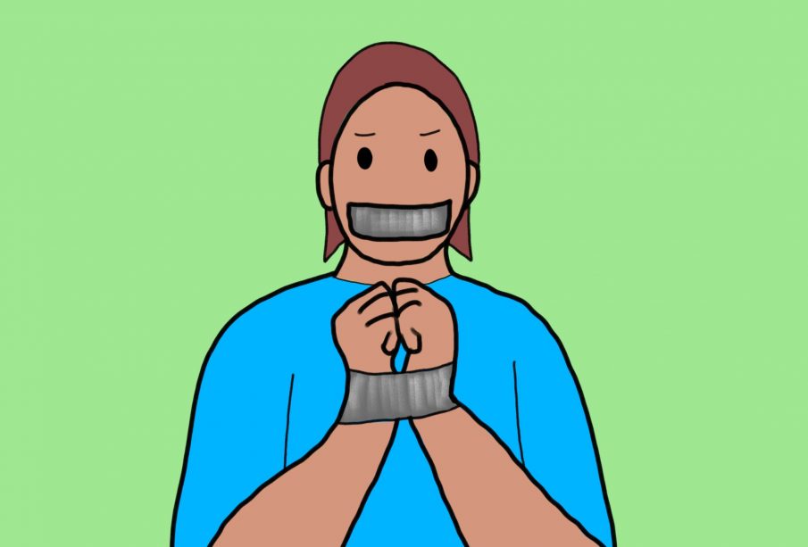 An illustration of a person, bound and gagged with duct tape.