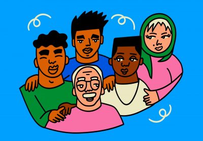 A group of people of diverse ethnic background, ages, and genders all standing together in a big hug.