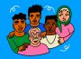 A group of people of diverse ethnic background, ages, and genders all standing together in a big hug.