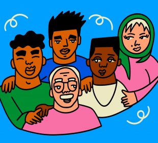 A group of people of diverse ethnic background, ages, and genders all standing together in a big hug.