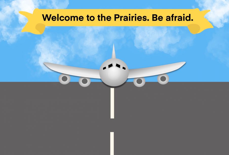 A sketch of a plane landing, with a banner on top saying “Welcome to the Prairies”