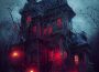 An imposing mansion with red lamplight and red windows is lit from behind as a flash of intra-cloud lightning fades. Bats fly around the mansion and there are leafless trees surrounding the mansion.