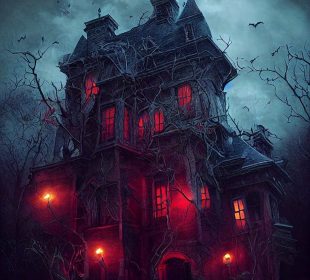 An imposing mansion with red lamplight and red windows is lit from behind as a flash of intra-cloud lightning fades. Bats fly around the mansion and there are leafless trees surrounding the mansion.