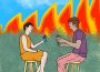 Two people sitting on chairs enjoying a drink, while there is fire in the background.