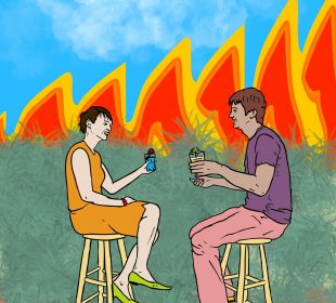 Two people sitting on chairs enjoying a drink, while there is fire in the background.