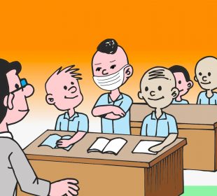 In a classroom, the only student wearing a mask stands in the first row.