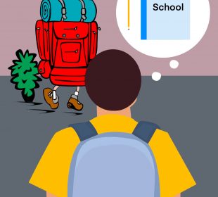 A person with a backpack, standing in front of another person carting a suitcase and luggage, both of them thinking of school.