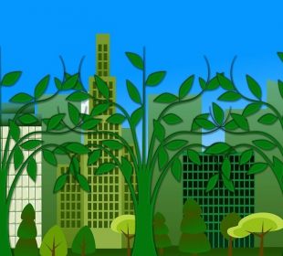 Framed against a blue sky, urban buildings stand tall from left to right, but green trees grow even taller in the foreground.