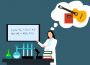 A sketch of a person in a lab coat, in a chemistry lab. Thoughts bubbles show a guitar and a book.