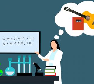 A sketch of a person in a lab coat, in a chemistry lab. Thoughts bubbles show a guitar and a book.