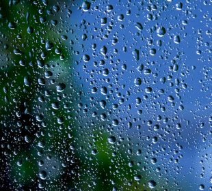 Drops of rain cover a glass pane through which a blue sky and green foliage can be discerned.