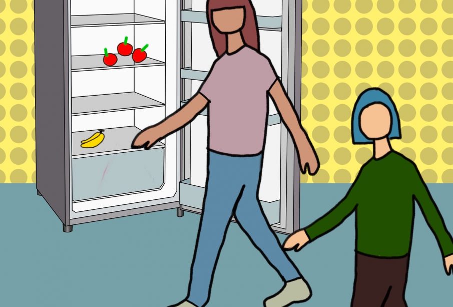 A sketch of an empty community fridge, with two people standing in front of it.