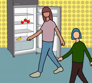 A sketch of an empty community fridge, with two people standing in front of it.