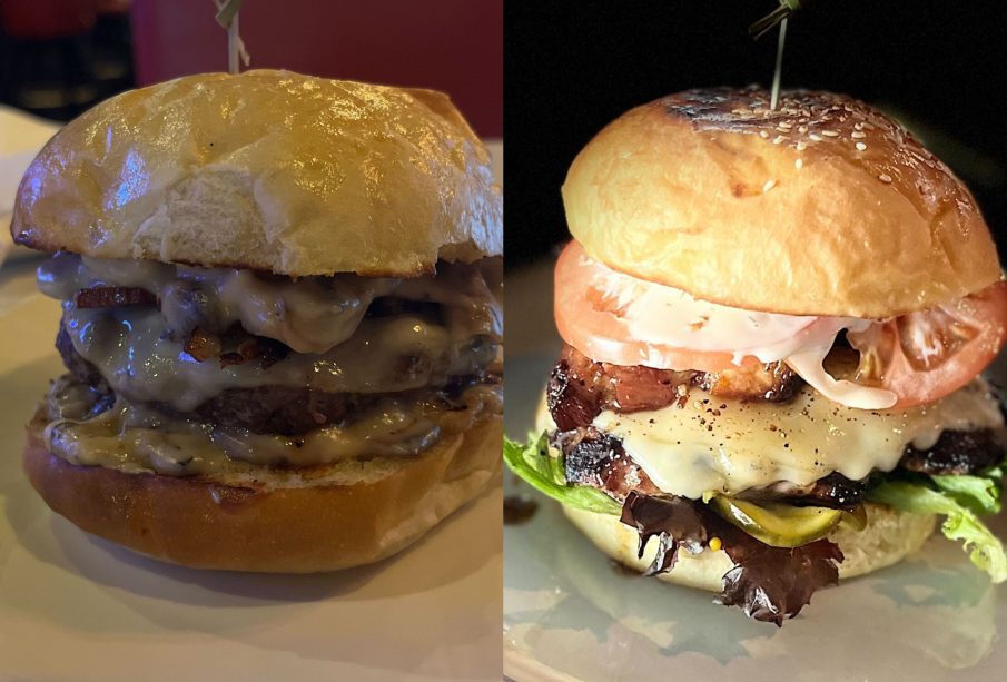 Two cheese burgers from two restaurants are visually compared. One has a sesame seed bun, tomatoes, lettuce, pork belly, and pickles with one patty covered in melted white cheddar cheese. The other has one patty with melted swiss cheese above and below it as well as bacon and mushrooms with the same cheese melted on top of it.